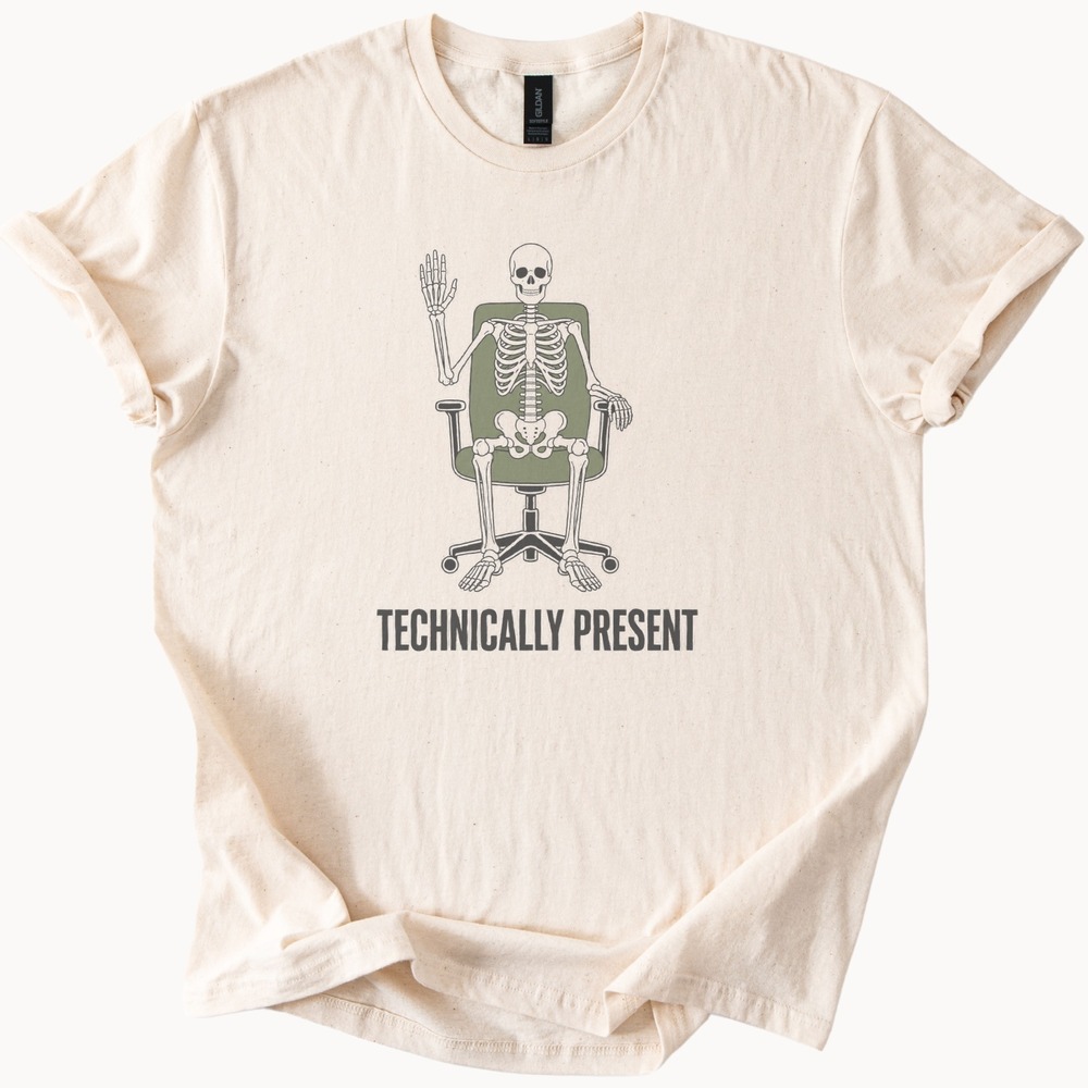Technically Present Skeleton Waving from Office Chair Tee